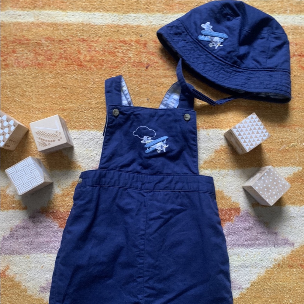 Janie Jack Airplane Overalls Layette & bucket hat